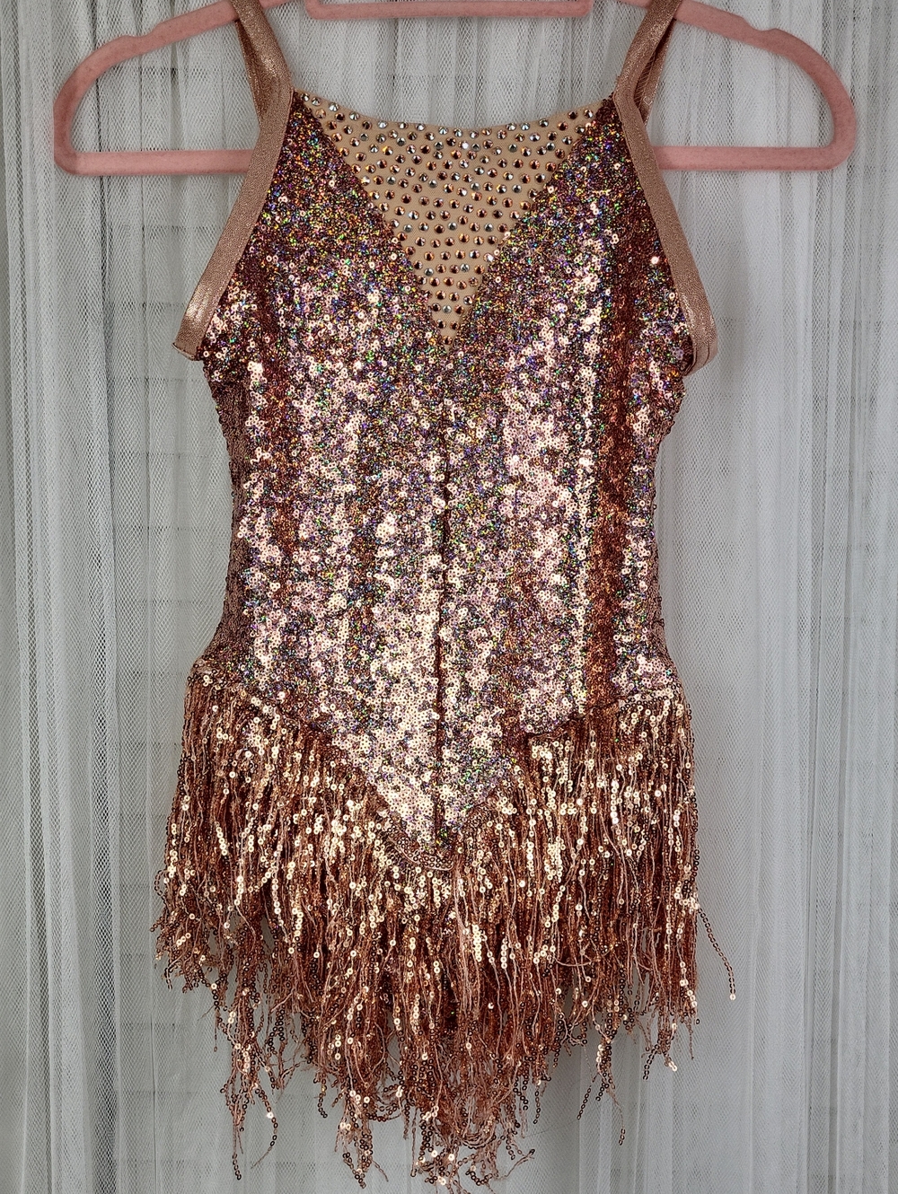 Weissman Girls Rose Gold Sequin Fringe One-Piece Dance Costume. Size MC